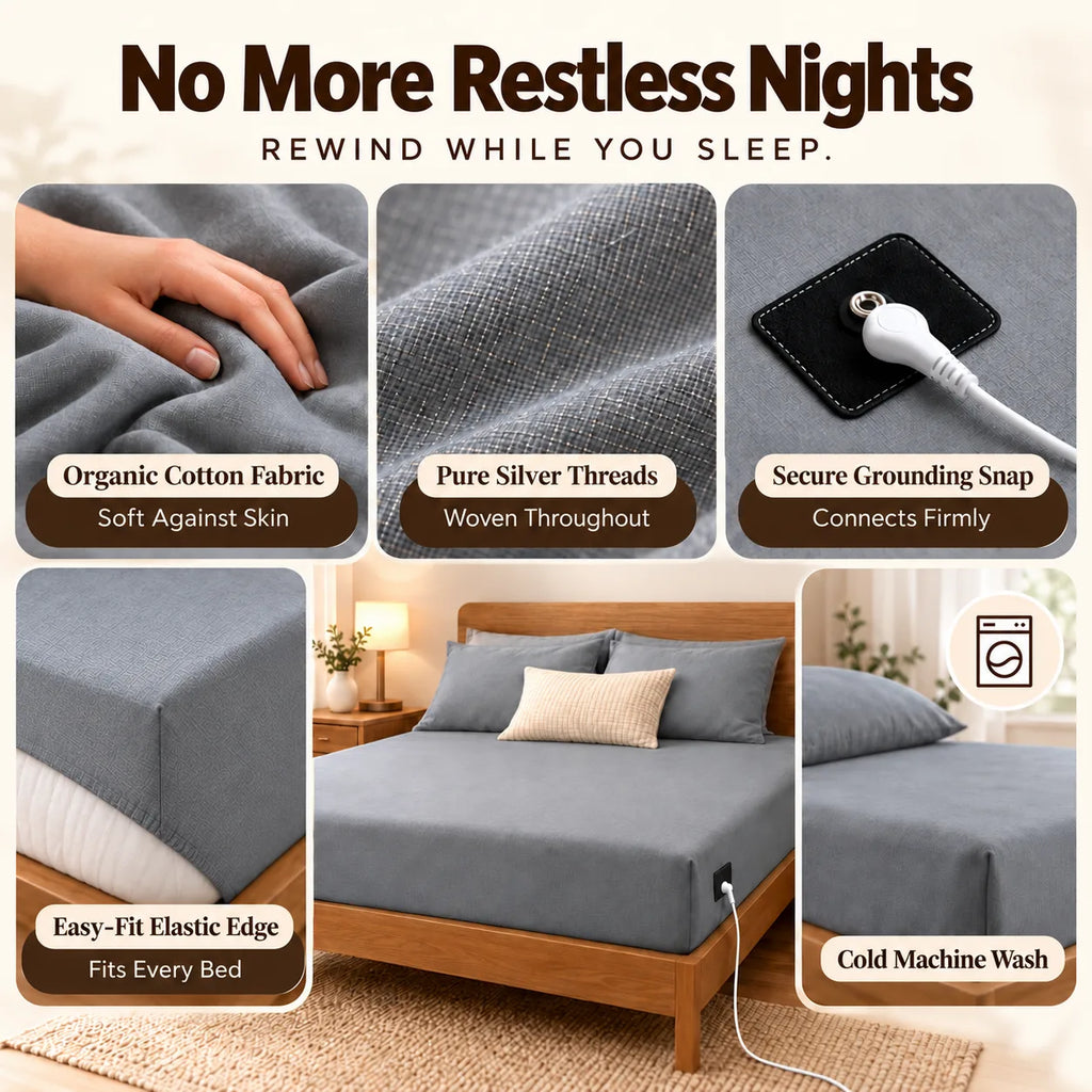 GroundingRhythm™ Fitted Bedsheet | 95% Organic Cotton | 15-Ft Grounding Cord | Antibacterial & Odor-Resistant