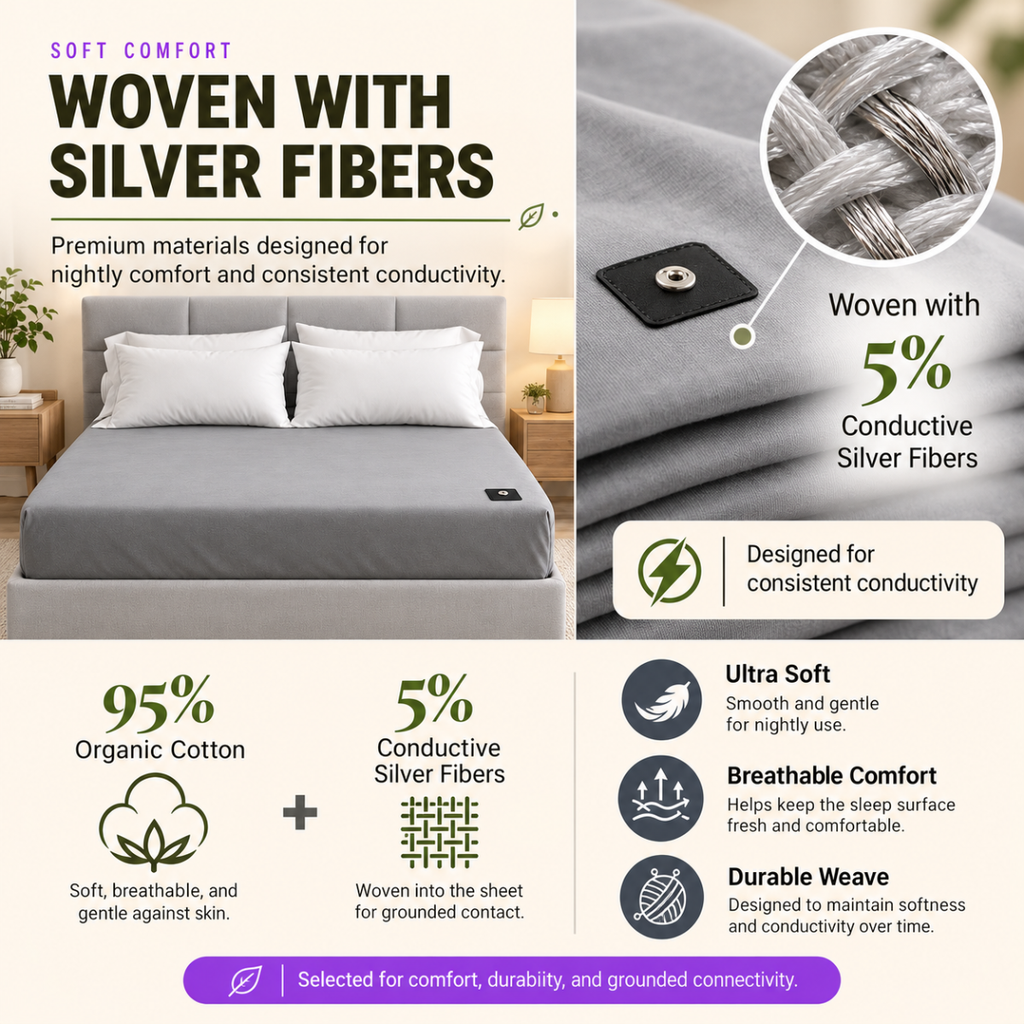 Earthing Fitted Sheet with Woven Silver Fiber & Grounding Cord