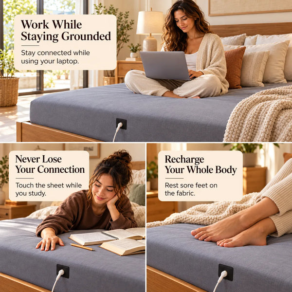 GroundingRhythm™ Fitted Bedsheet | 95% Organic Cotton | 15-Ft Grounding Cord | Antibacterial & Odor-Resistant