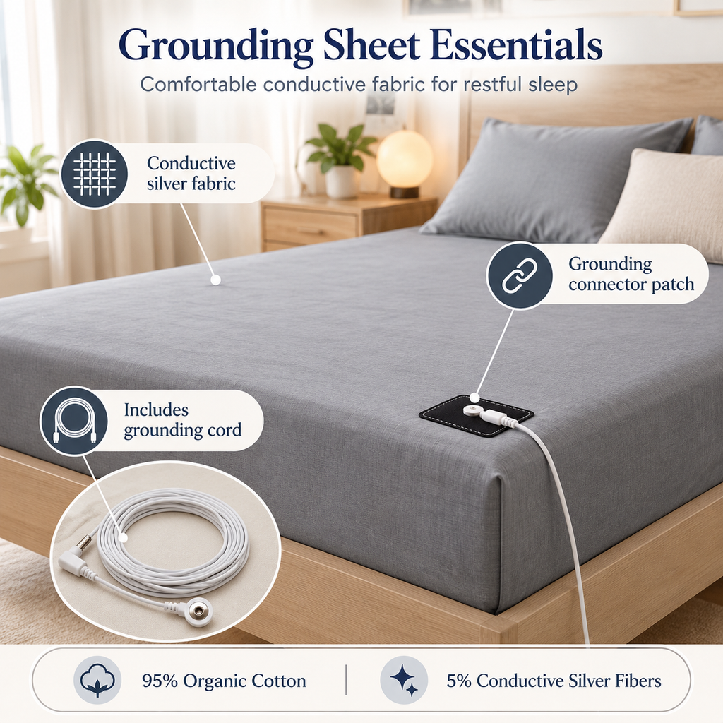 Earthing Fitted Sheet with Woven Silver Fiber & Grounding Cord